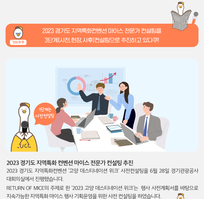 기자 쿠쿠 - 2023 경기도 지역특화 컨벤션 마이스 전문가 컨설팅을 3단계(사전,현장,사후)컨설팅으로 추진하고 있다쿠! 2023 경기도 지역특화 컨벤션 마이스 전문가 컨설팅 추진 - 2023 경기도 지역특화 컨벤션 '고양 데스티네이션 위크 ' 사전컨설팅을 6월 28일 경기관광공사 대회의실에서 진행했습니다. RETURN OF MICE 주제로 한 '2023 고양 테스티네이션 위크'는 행사 사전 계획서를 바탕으로 지속가능한 지역 특화 마이스 행사 기획운영을 위한 사전 컨설팅을 하였습니다.